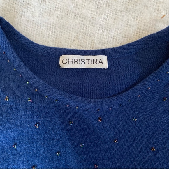 Vtg Christina Navy Polka Dot Floral Beaded Wool Sweater Grandmacore Womens Sz M - Picture 4 of 12